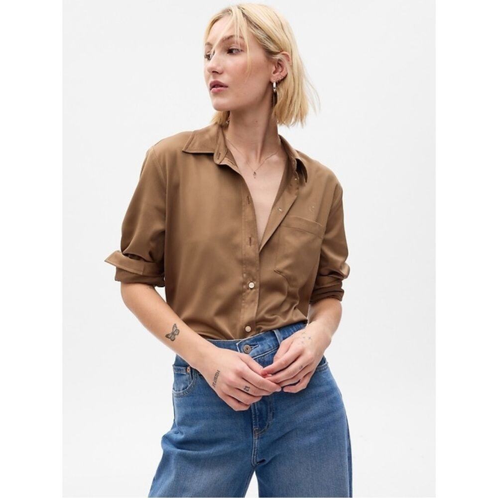 GAP‎ Boyfriend Satin Shirt Women's Small Green Dried Moss Button Up Long Sleeve